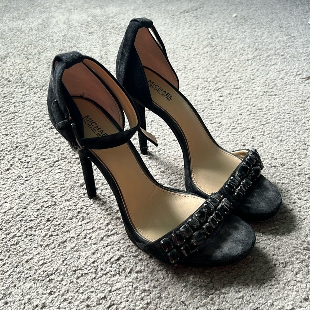 Micheal Kors black suede heels with stones size 6.5